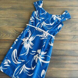 Chetta B Abstract Blue & White Floral Print Midi Zipper Lined w/Belt Size 4 (D8)